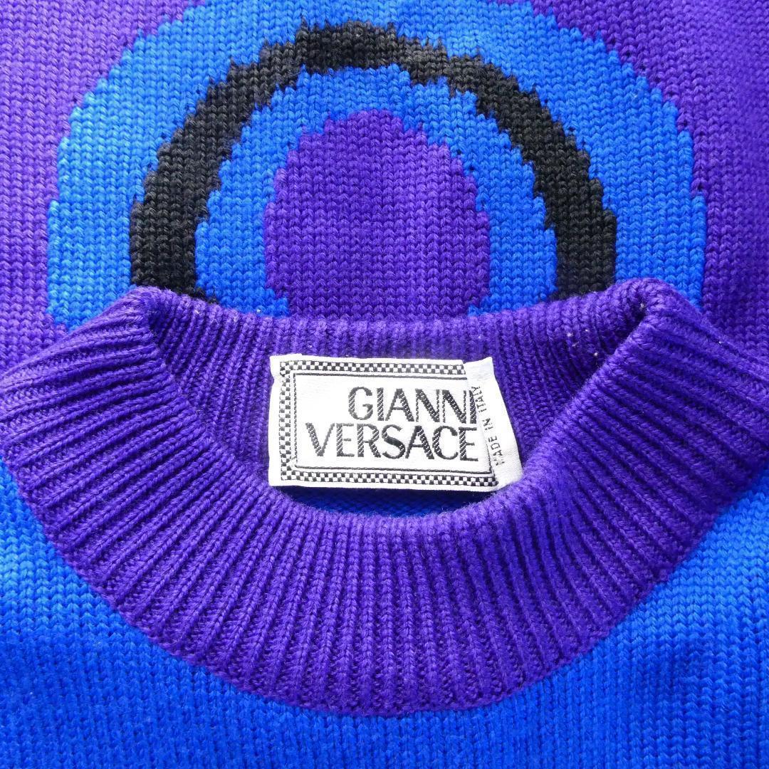  beautiful goods GIANNI VERSACE Gianni Versace size 46mok neck long sleeve knitted sweater total pattern purple blue 