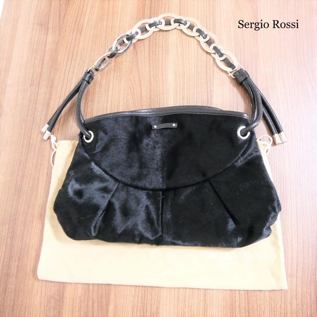 美品 Sergio Rossi セルジオロッシ ハラコ チェーン セミショルダー ワンショルダー ショルダーバッグ ハンドバッグ 黒 ブラック A1403