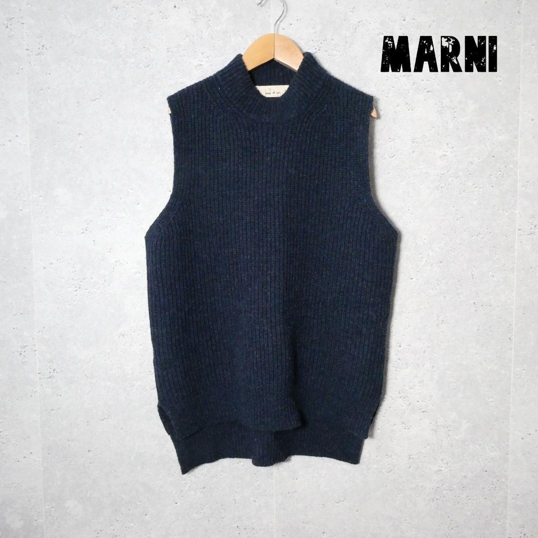 美品 MARNI マルニ 20AW 裾スリット リブニット ウールリブモックネックニットベスト プルオーバー 46 紺 ネイビー A2255