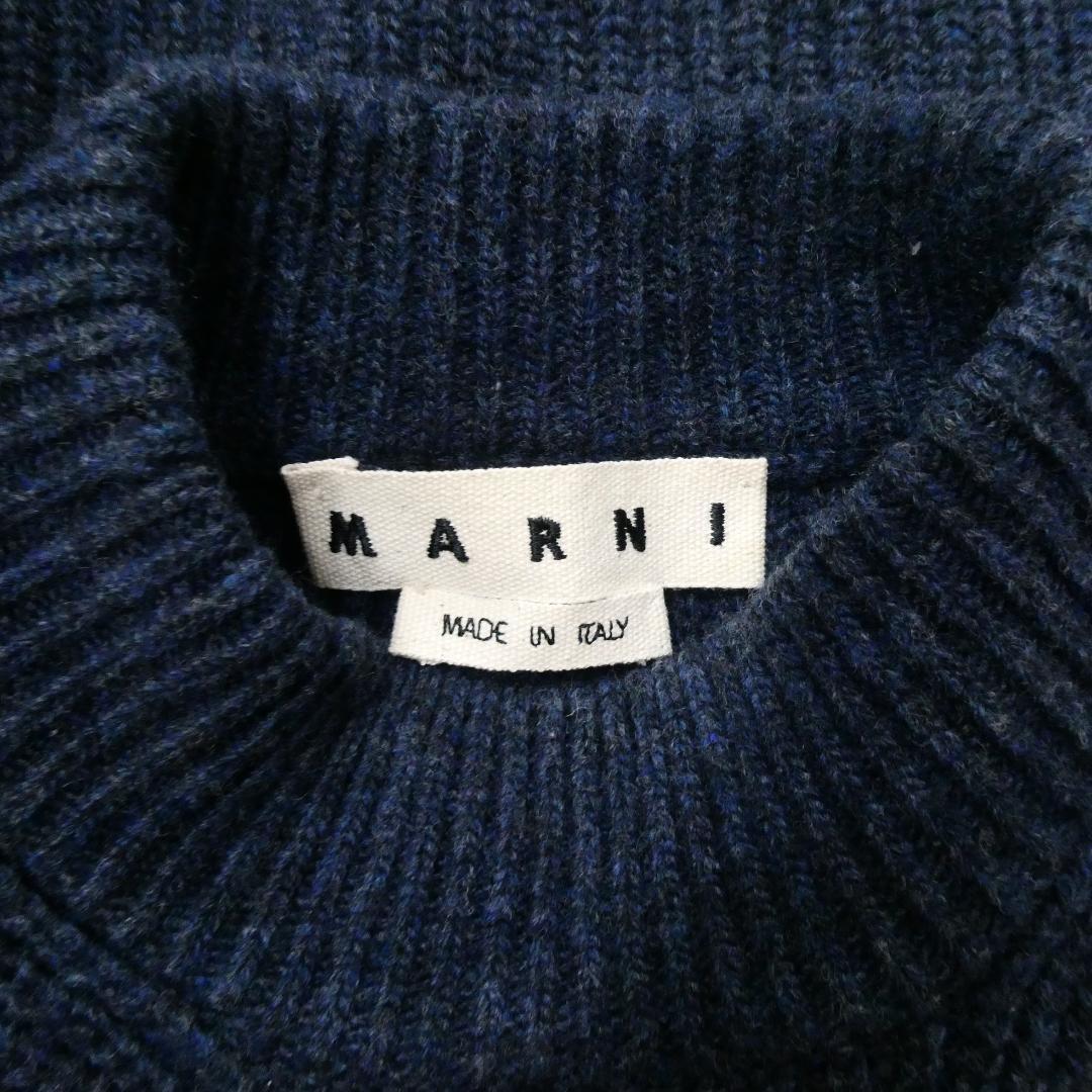 美品 MARNI マルニ 20AW 裾スリット リブニット ウールリブモックネックニットベスト プルオーバー 46 紺 ネイビー A2255 