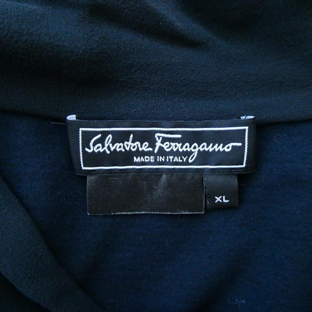 美品 Salvatore Ferragamo サルヴァトーレフェラガモ ガンチーニ リボン シフォン切り替え 半袖 ブラウス カットソー Tシャツ XL ネイビー_画像7