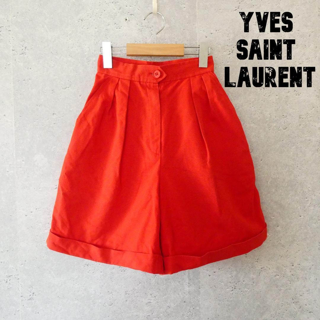 良品 Yves Saint Laurent イヴサンローラン デニム ワイド 裾ダブル ショートパンツ ハーフパンツ キュロット S 赤 レッド A2285