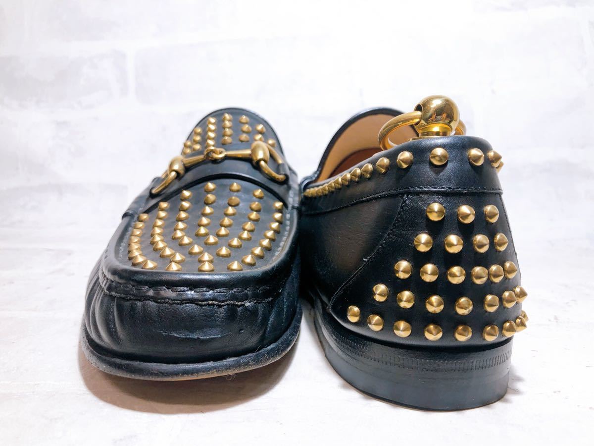 貴重【極美品】GUCCI オールドグッチ 高級 ホースビットローファー スタッズ 黒 レザー UK6.5（約25cm）メンズ 紳士靴
