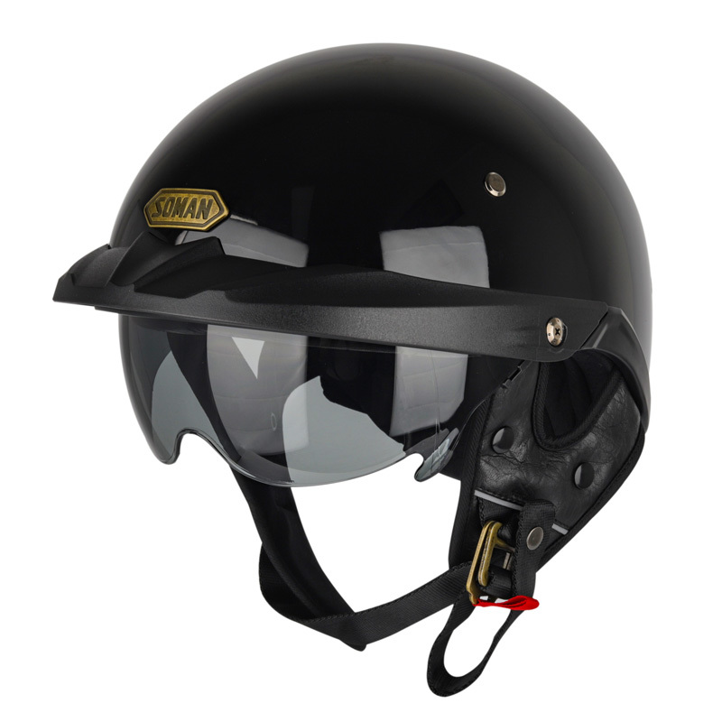ハーフヘルメット 新品 半キャップヘルメット 内蔵ゴーグル 収納可 調整可能 DOT安全認証 SOMAN H3 黒　サイズ：L_画像1