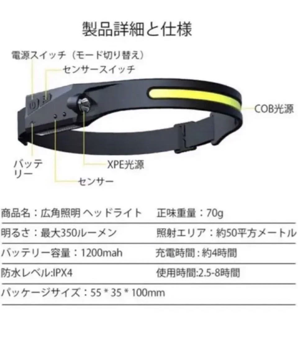 2個セット　超軽量LEDヘッドライト 懐中電灯 充電式 センサー機能　充電式 夜釣り 停電 キャンプ　ソロキャンプ　災害　停電