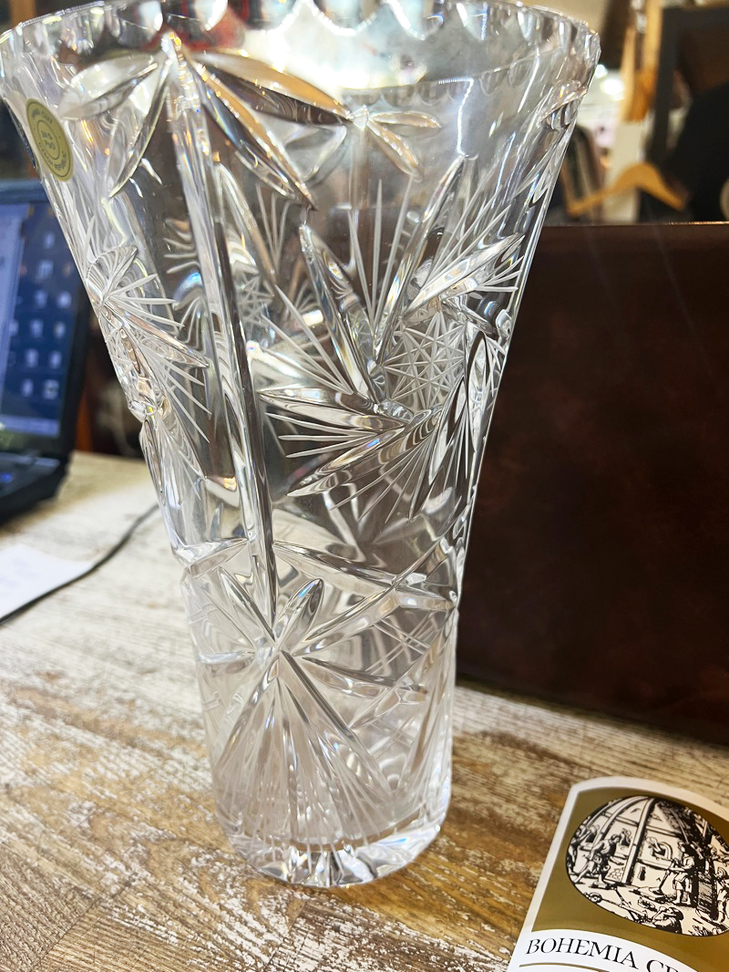 保管品 Bohemia CRYSTAL/ボヘミアグラス クリスタルガラス 花瓶 フラワーベース カットガラス 花器 25cm×16cm インテリア コレクション