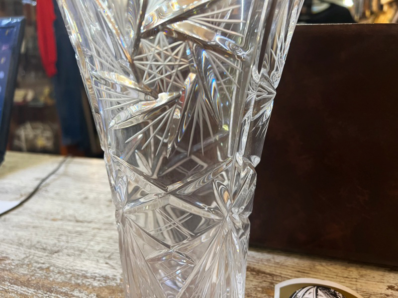 保管品 Bohemia CRYSTAL/ボヘミアグラス クリスタルガラス 花瓶 フラワーベース カットガラス 花器 25cm×16cm インテリア コレクション