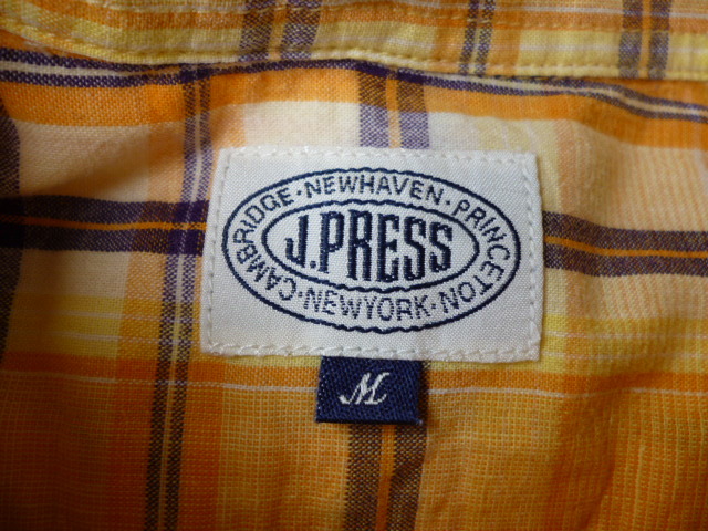 J.PRESS Jプレス　マドラスチェックシャツ イエロー系のマドラスチェック　インドコットン　 ボタンダウン　M_画像4