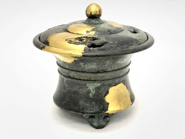 旧家蔵出 四世 秦蔵六 造 塗金銅瑞雲 香炉 約504g 銅器 銅香炉 香立