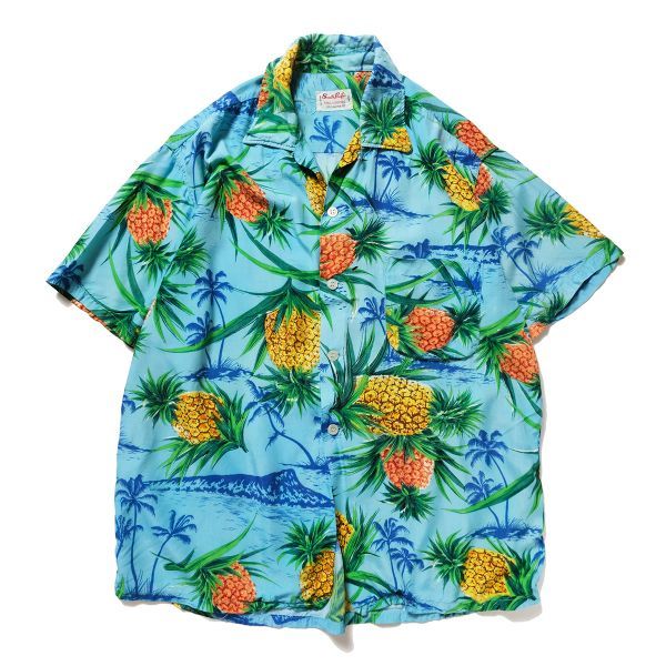 60's サウスパシフィック 100% レーヨン オープンカラー アロハシャツ 半袖 (M) パイナップル柄 ボックスシャツ ループカラー ビンテージ