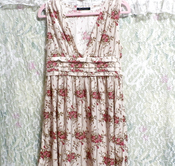 亜麻色ベロア花柄Vネックノースリーブネグリジェワンピースチュニック Flax color velor flower pattern negligee mini skirt dress