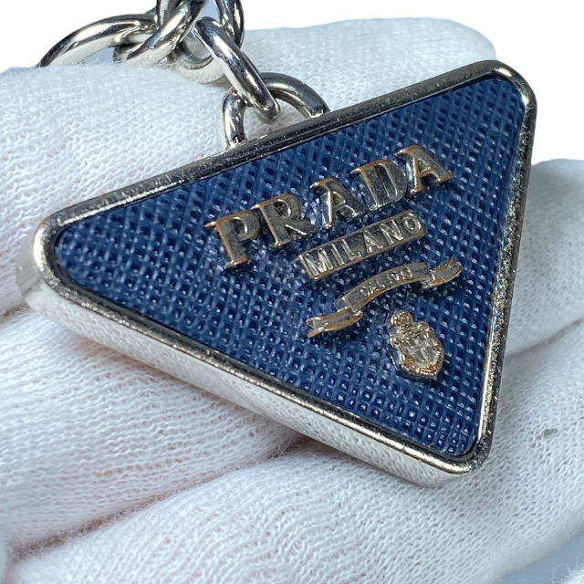 PRADA Prada small articles key holder bag charm charm key ring triangle Logo metal safia-no leather navy 