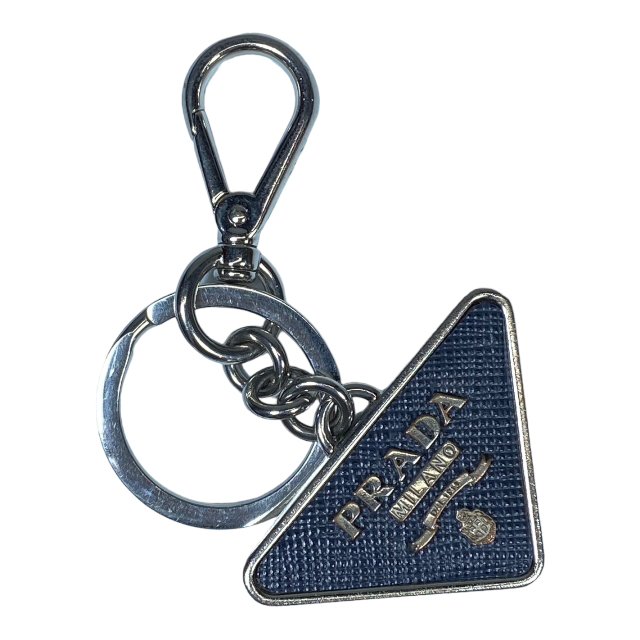 PRADA Prada small articles key holder bag charm charm key ring triangle Logo metal safia-no leather navy 