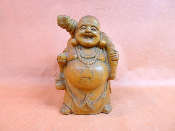 g283 布袋様木製木彫彫刻七福神縁起物神様福の神置物インテリア/80