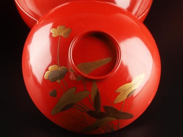 売れ筋商品 木製漆器 琴》送料無料 図替朱塗蒔絵 箱 吸物椀六客 椀
