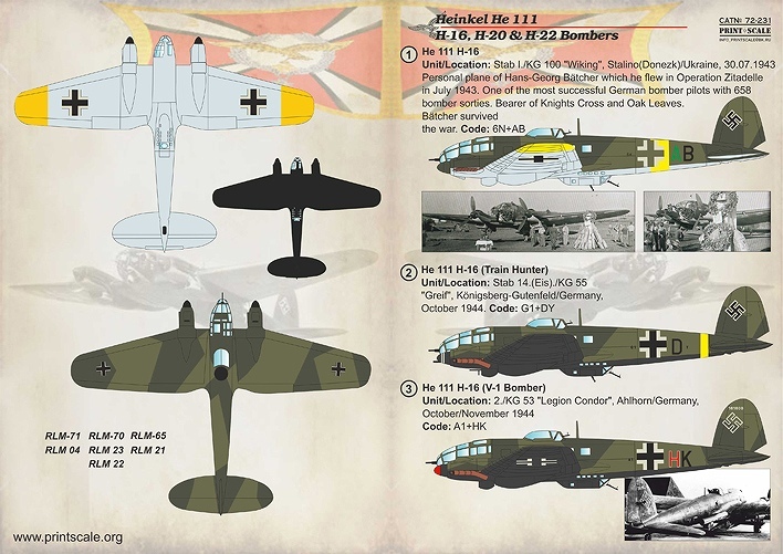 プリントスケール 72-231 1/72 ハインケル He111H-16、H-20＆H-22爆撃機_画像1