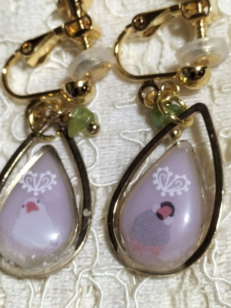 ハンドメイド イヤリング 文鳥 レジン