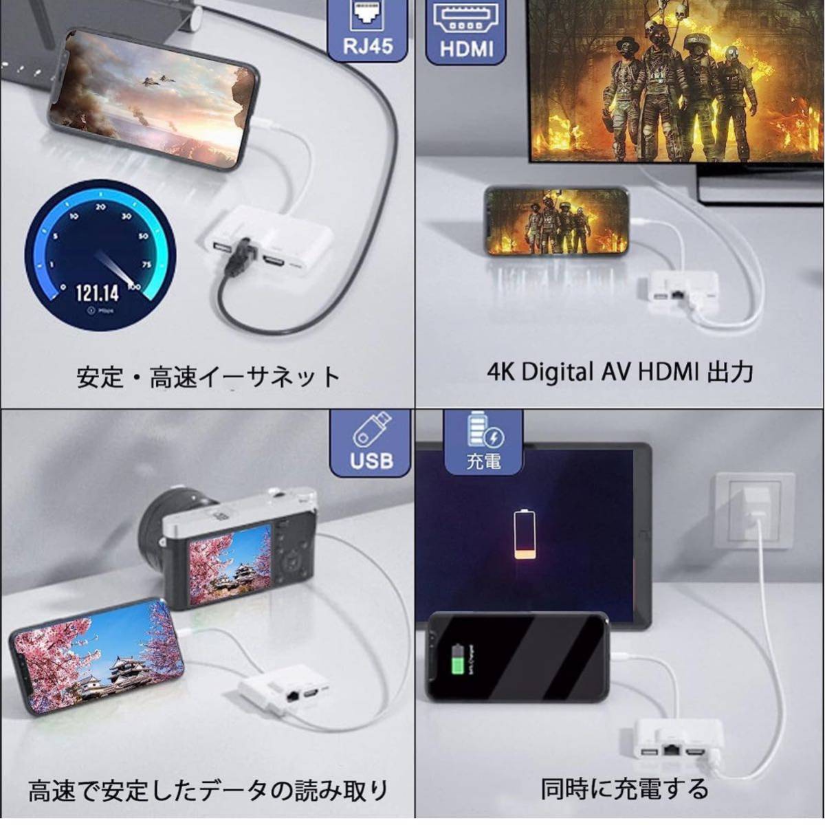 【開封のみ】AMLLXEN★ i-Phone HDMI+USB+RJ45 変換アダプタ AVアダプタ 1080P大画面 i-Phone lanケーブル アダプター 高速転送_画像5