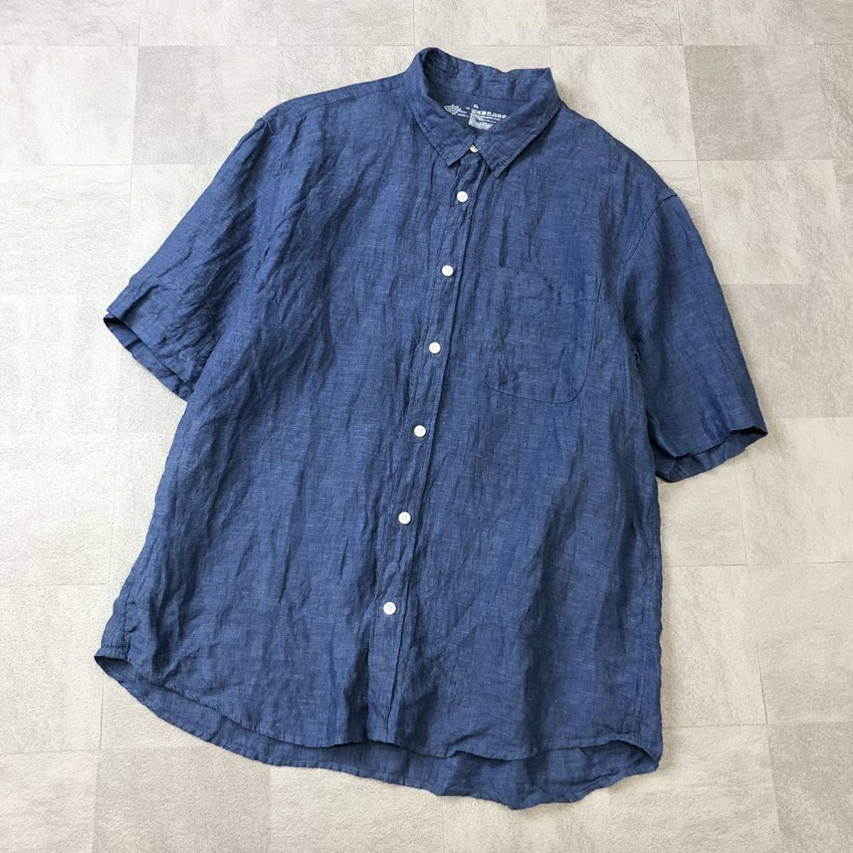 無印良品 無印 MUJI 半袖リネンシャツ 麻 半袖シャツ ブルー サイズXLの画像1