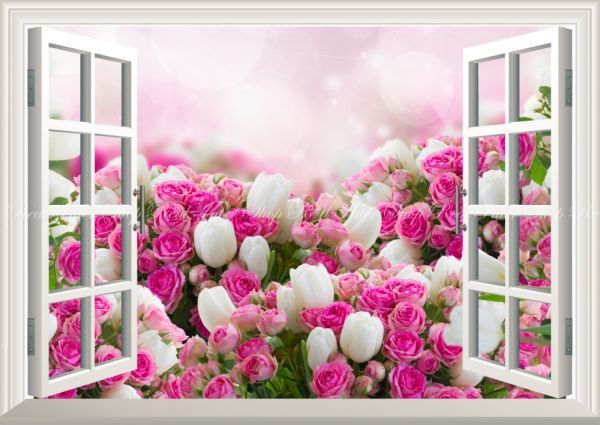 ヤフオク 窓仕様 ピンクのバラと白いチューリップ 薔薇
