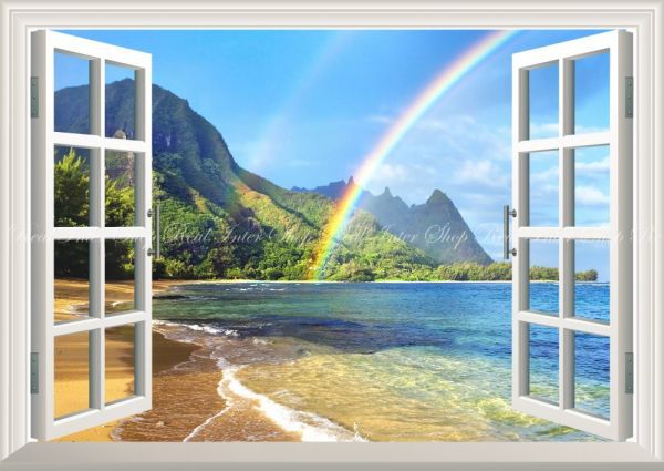 [ window specification ] Nankoku. island . beach . rainbow Hawaii wave Rainbow picture manner wallpaper poster A2 version 594×420mm is ... seal type 004MA2