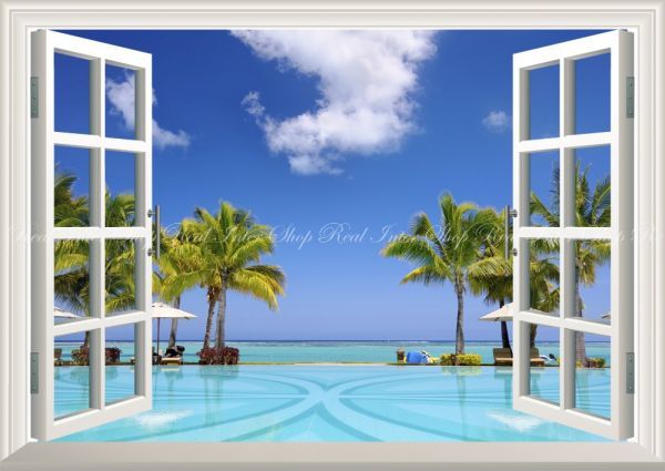 【窓仕様】カリブ海 トロピカルリゾート ビーチ プールサイド 海 絵画風 壁紙ポスター 特大A1版 830×585mm はがせるシール式 007MA1_画像1