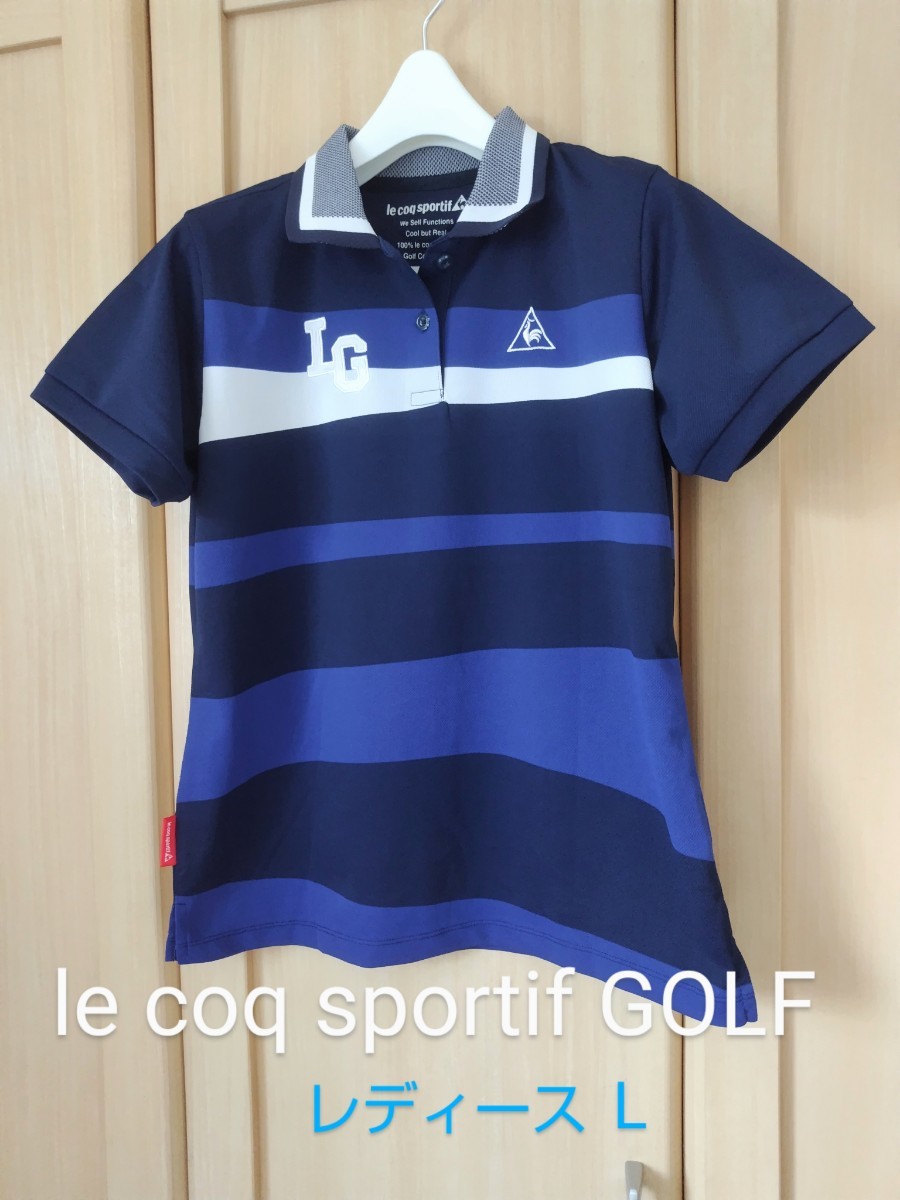 Le coq sportif Golf レディースL ルコックスポルティフ ゴルフ NATURE TECH 半袖 ポロシャツ ネイビー ボーダー _画像1