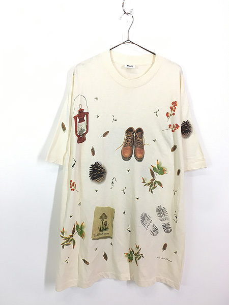 「Deadstock」 古着 90s USA製 rel e vant ブーツ ランプ どんぐり アウトドア 総柄 アート Tシャツ XL_画像1