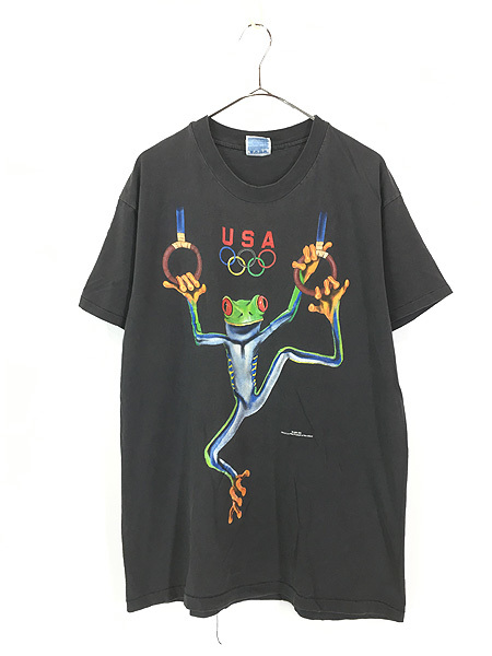 古着 90s USA製 カエル 体操 つり輪 五輪 オリンピック グラフィック デザイン Tシャツ 黒 L 古着_画像1