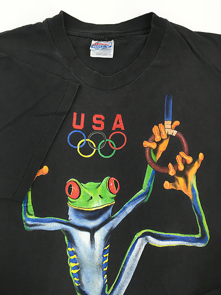 古着 90s USA製 カエル 体操 つり輪 五輪 オリンピック グラフィック デザイン Tシャツ 黒 L 古着_画像4