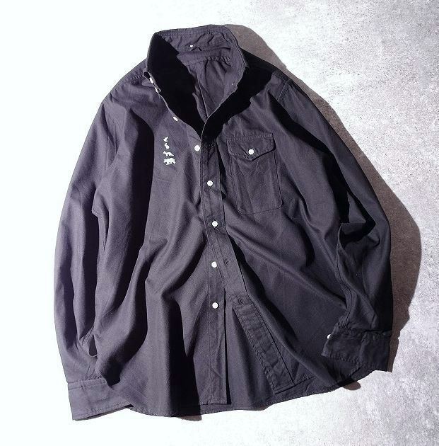 経典ブランド オックスフォード マウンテンリサーチ Research Mountain ボタンダウンシャツ o-447 黒 (S) オーバーサイズ メンズ 日本製 動物刺繍 シャツ 長袖シャツ