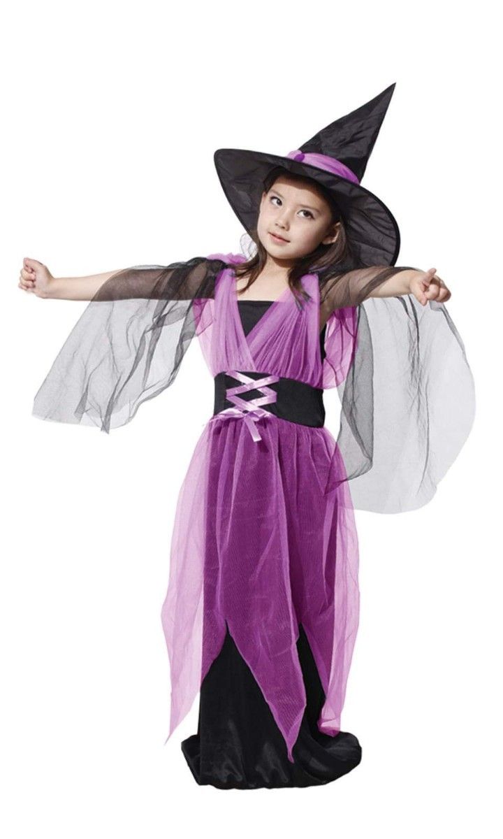 セール ハロウィン 魔女 紫 140 コスチューム コスプレ ワンピース 子供 女の子 新品 パープル 帽子 ドレス 2点セットa