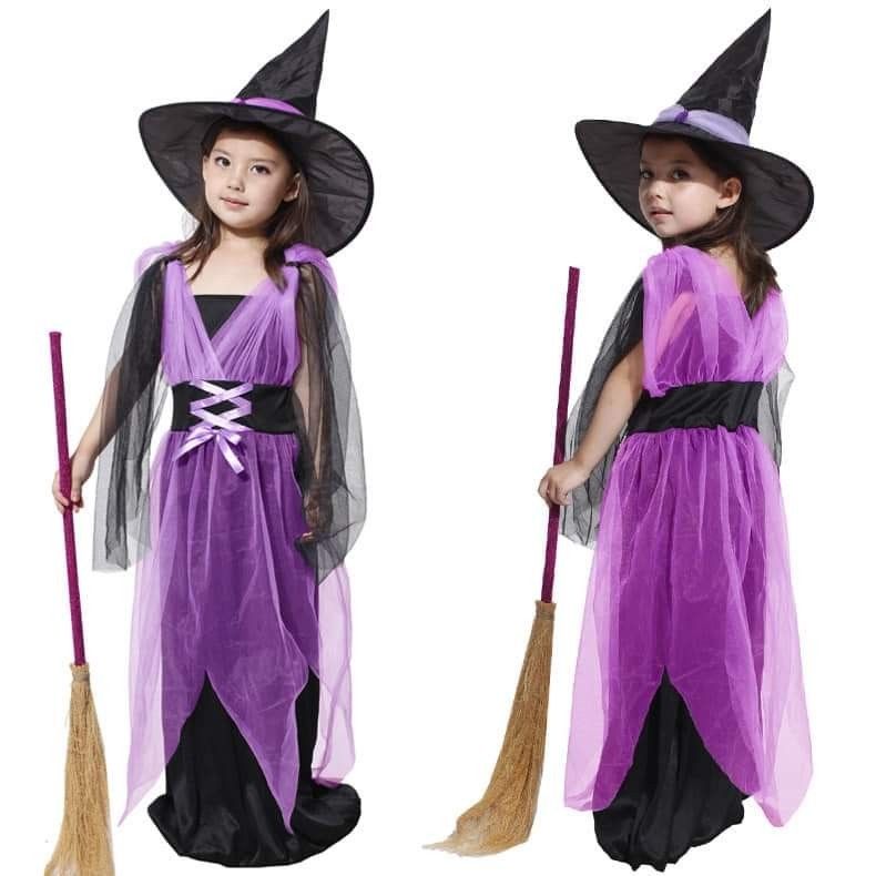 セール ハロウィン 魔女 紫 150 コスチューム コスプレ ワンピース 子供 女の子 新品 パープル 帽子 ドレス 2点セットa