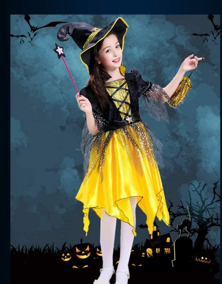 ハロウィン 魔女 黄色 コスチューム 130 女の子 子供 セット 新品 コスプレ 帽子 ドレス パーティー 仮装 衣装 a｜PayPayフリマ