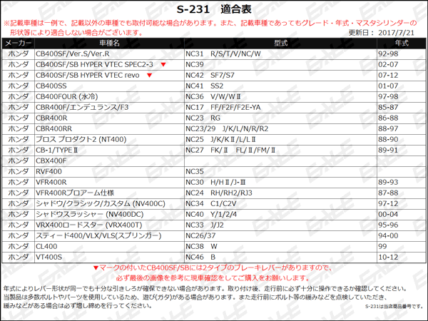 ホーネット900/600/250 NSR250 ジェイド他 可倒&角度&伸縮 調整機能付 アルミ削り出し ビレット レバー 左右セット ゴールド S-231G_画像6