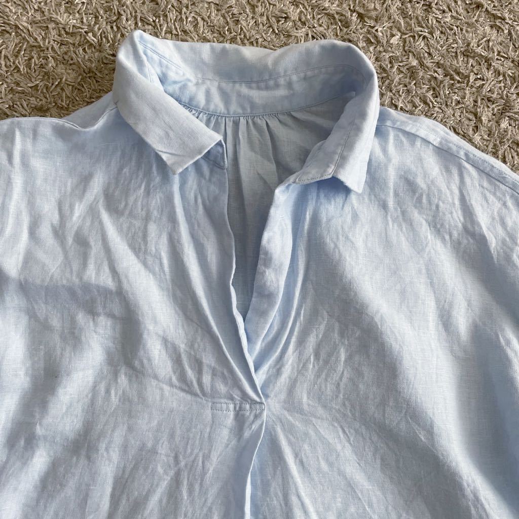 ナノユニバース リネンシャツ 定価8000円 水色 半袖 半袖シャツ