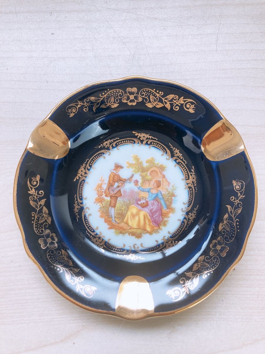 フランス LIMOGES CASTEL リモージュ 22K GOLD プレート 飾り皿 12cm 金彩 瑠璃色 貴族柄 アンティーク調 洋風 フランス製 小皿 西洋人の画像1