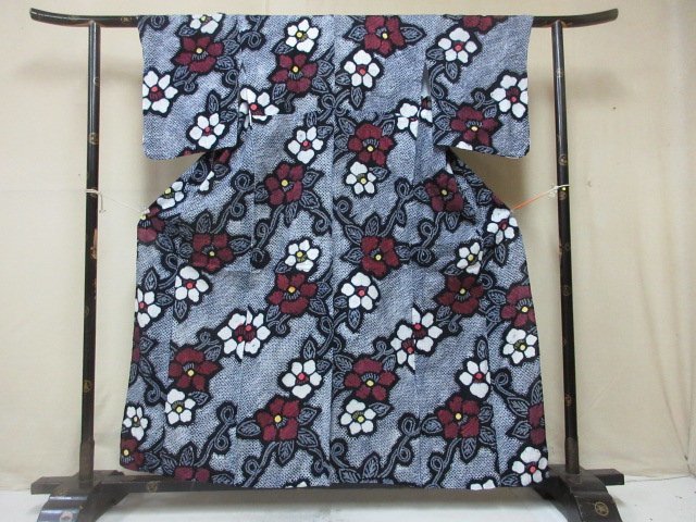 1円良品正絹着物小紋銘仙紬紅絹アンティーク草花花唐草椿お洒落高級袷