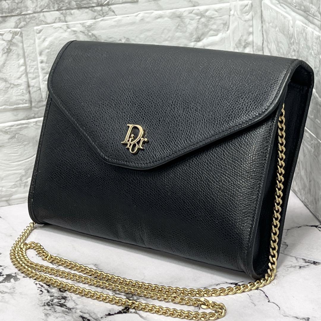 美品 Christian Dior ディオール チェーンショルダー ショルダーバッグ クラッチバッグ クロスショルダー 2way レザー ブラック 黒