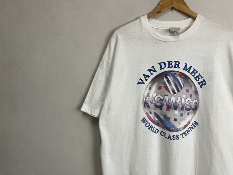 グッドプリントUSA製90sビンテージK-SWISS半袖クルーネック両面プリントTシャツXL白100綿アメカジストリートnr23967_画像1