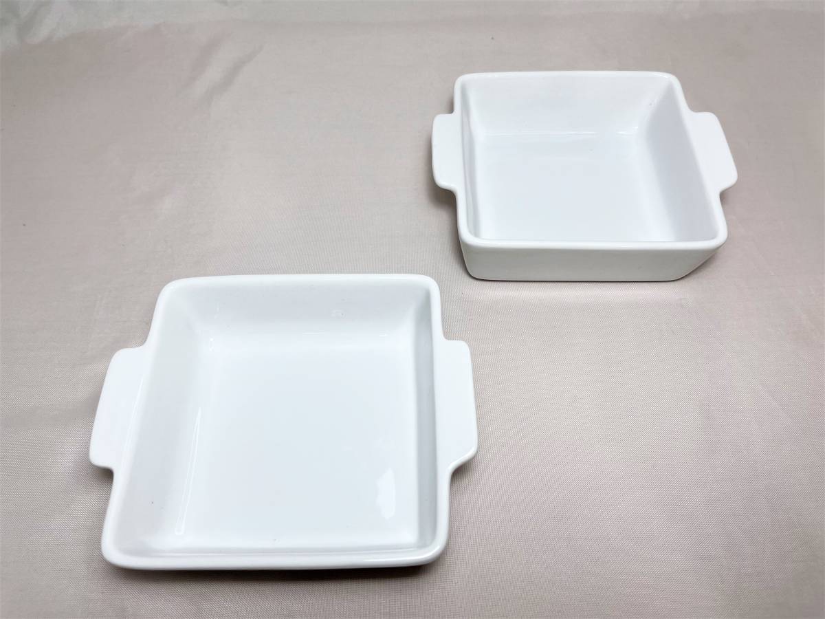 ☆新品未使用　洋食屋さんの 耳つき グラタン皿 ホワイト 2枚セット シンプル スクエア皿 トースターサイズ スタック _画像4