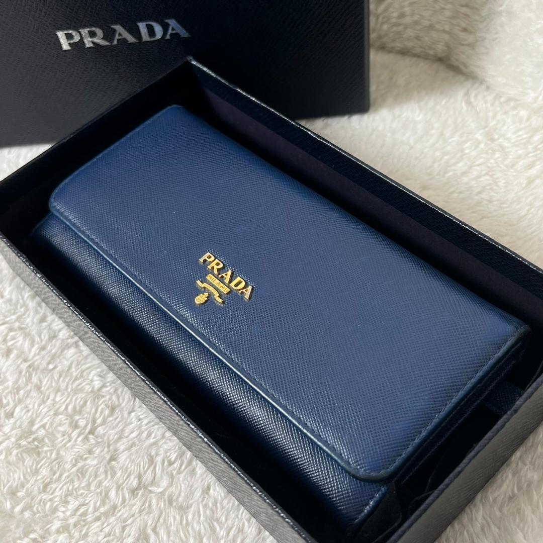 即納低価】 PRADA プラダ長財布 サフィアーノ ネイビー 箱付き紺色