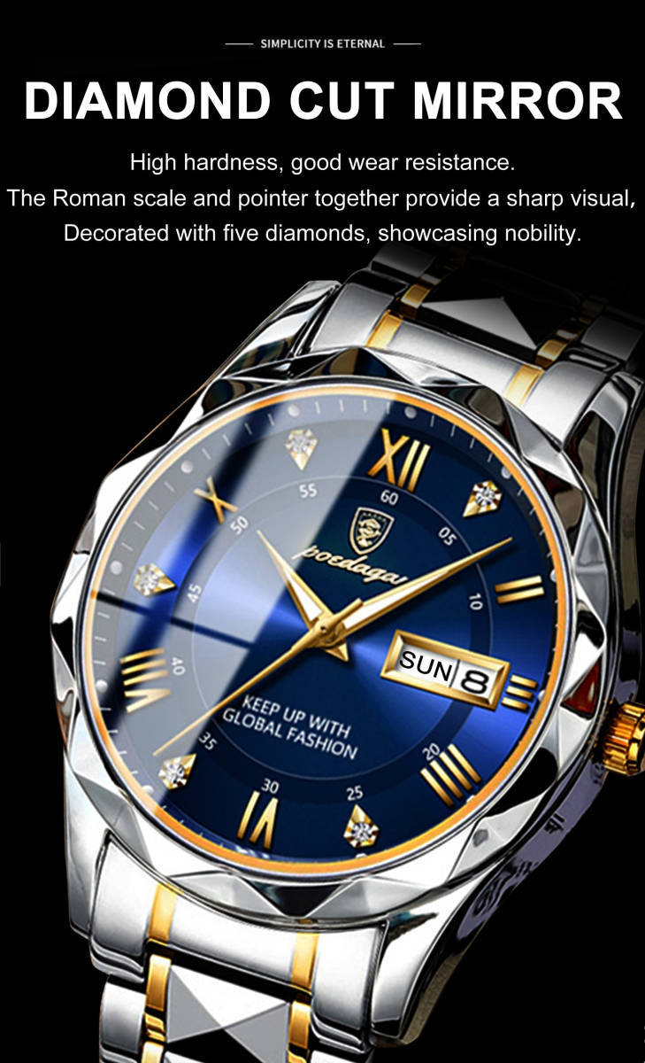 【Gold White】メンズ高品質腕時計 海外人気ブランド Podedagar 防水 カレンダー クォーツ式 モデル615_画像8