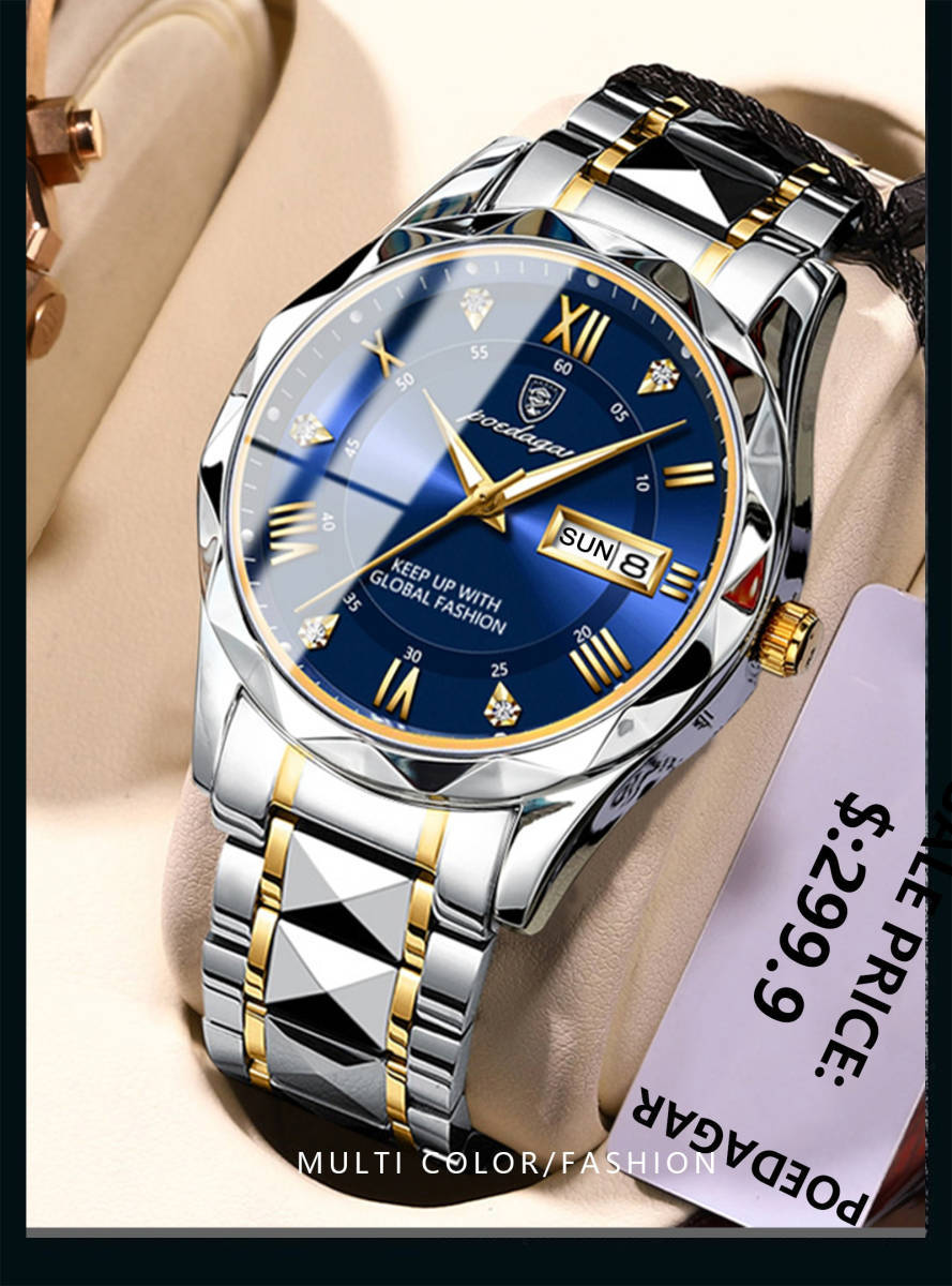 【Gold White】メンズ高品質腕時計 海外人気ブランド Podedagar 防水 カレンダー クォーツ式 モデル615_画像7