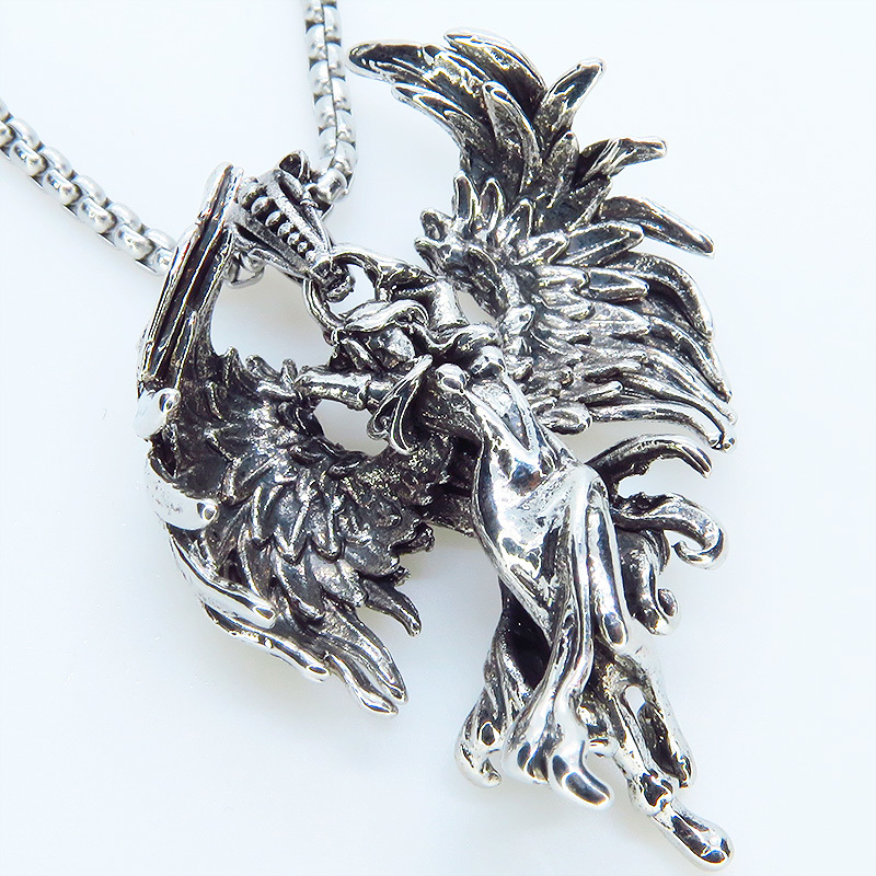  antique silver wing . spread angel. real . solid . pendant * necklace gothic lock elegant long necklace 