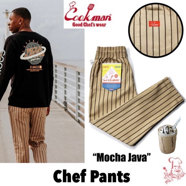 送料0 【COOKMAN】クックマン Chef Pants シェフパンツ Mocha Java 231-32863 -M 男女兼用 ストライプ カフェモカ イージーパンツ 西海岸