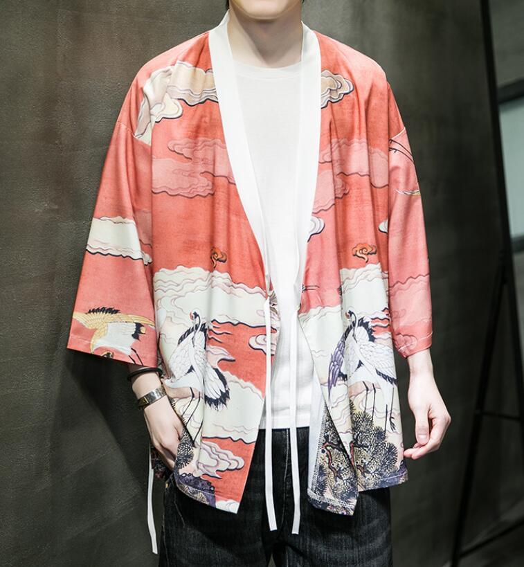  feather woven men's cardigan shirt . collar shirt yukata manner outer jinbei kimono sunscreen coat Samue red M~5XL