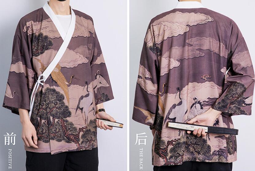  feather woven men's cardigan shirt . collar shirt yukata manner outer jinbei kimono sunscreen coat Samue coffee M~5XL