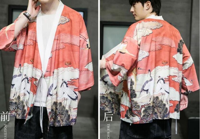  feather woven men's cardigan shirt . collar shirt yukata manner outer jinbei kimono sunscreen coat Samue coffee M~5XL