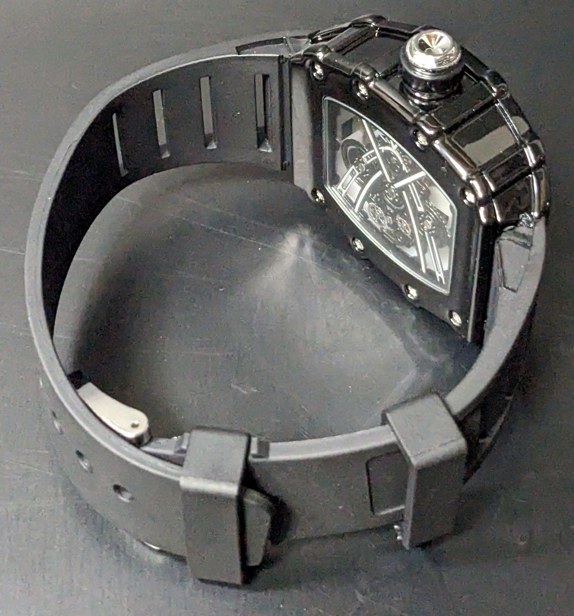 新品 腕時計 リシャールミルtype クオーツ オマージュウォッチ ラバー トノー スケルトン ブラック